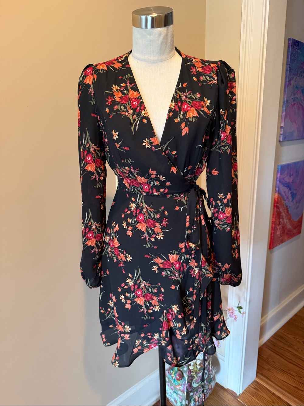 miami Black Floral Wrap Mini Dress with Orange & Red Blooms